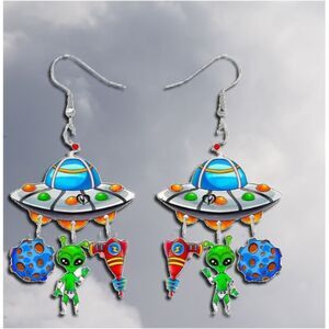 FUN Alien UFO Space Gun Planet Dangle Earrings